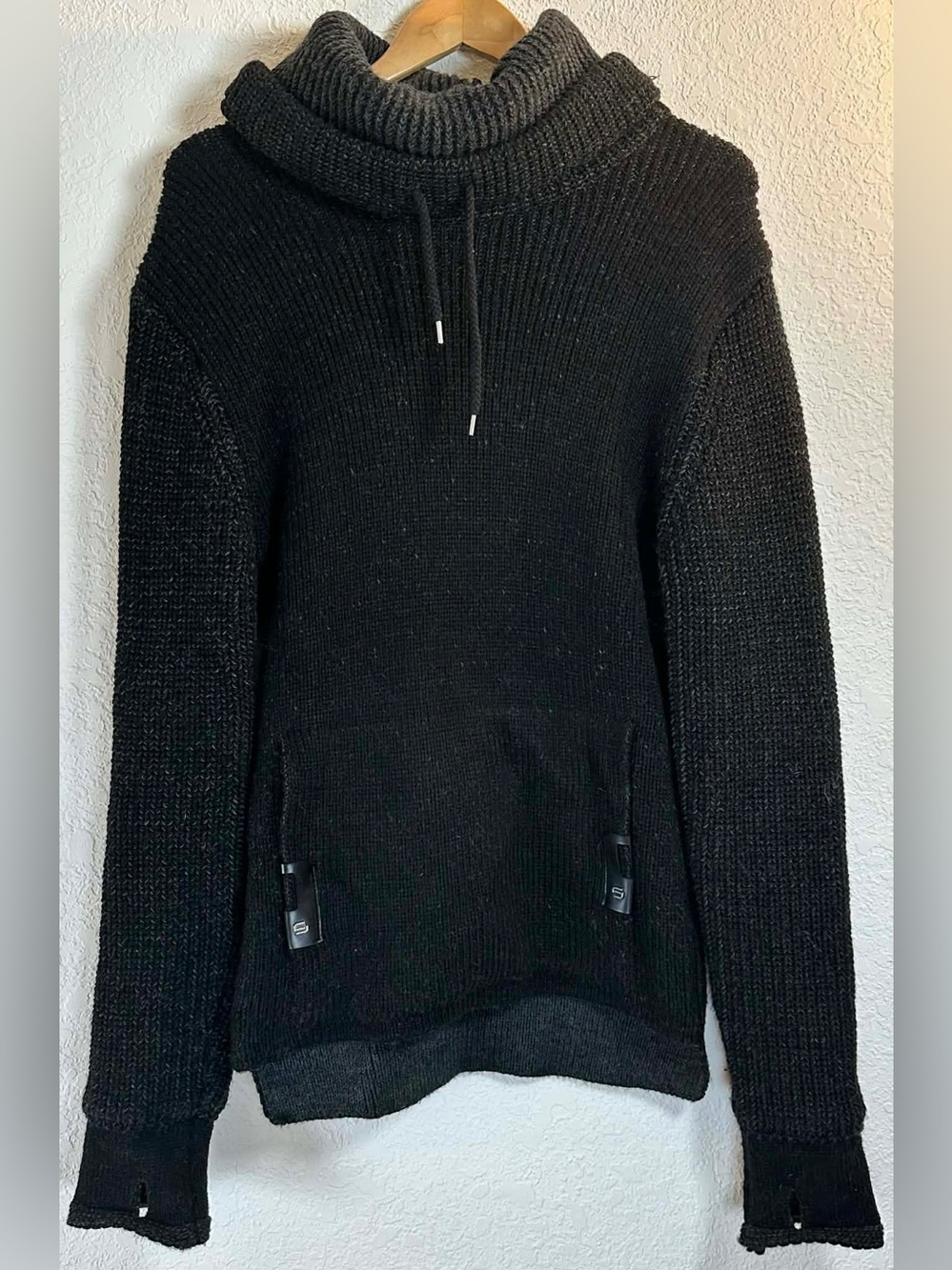 Leif Nelson Black Knit Cowl Neck Sweater with Drawstring